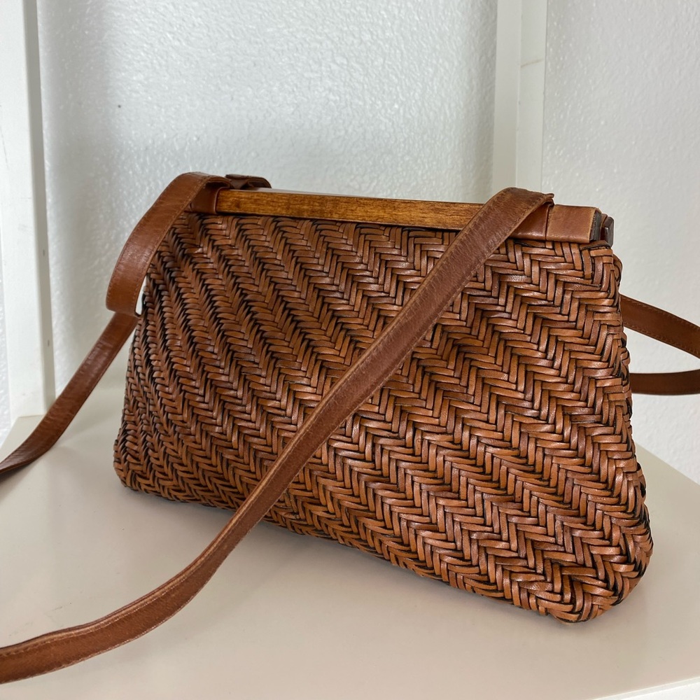 Vintage CEM Italian Leather Shoulder Bag Braided Purse Double Strap Wood Accent